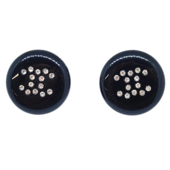 Chanel Button Piercing Earrings Black Rhinestone 00A 165819 - Picture 1 of 8